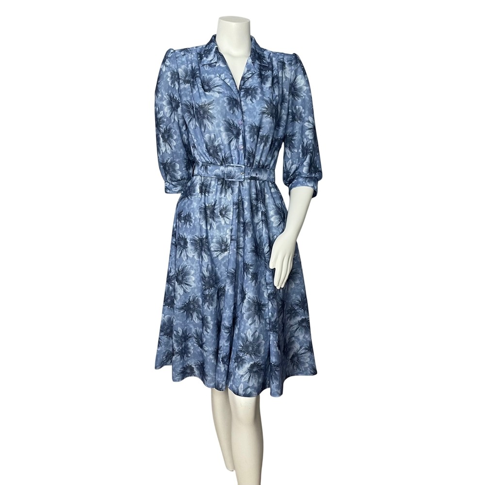 Vintage 80s Floral Dress Women Blue Belted Retro A-Line Belted Collared Eclectic